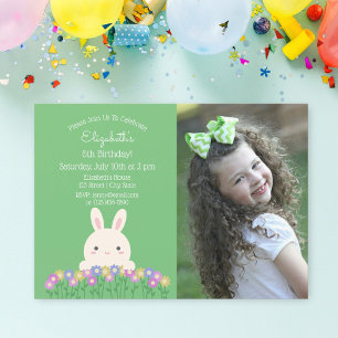 Cute Bunny & Flower Sage Green Kids Birthday Photo Invitation
