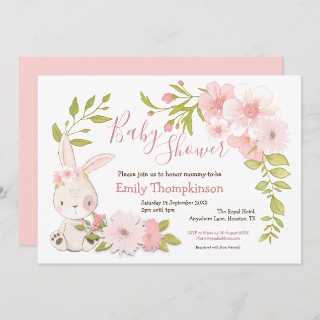 Cute Bunny Flowers Leaf Frame Girl Baby Shower Invitation (Front/Back)