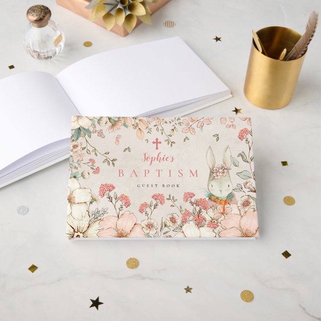 Cute Bunny Foliage Girl Blush Baptism Guest Book (Front Open)