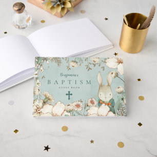 Cute Bunny Foliage Powder Blue Baptism Guest Book