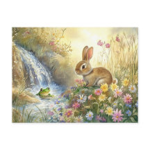 Cute Bunny Frog Waterfall Postcard Spring Woodland