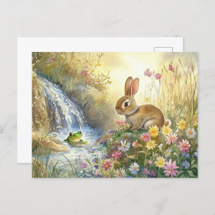 Cute Bunny Frog Waterfall Postcard Spring Woodland