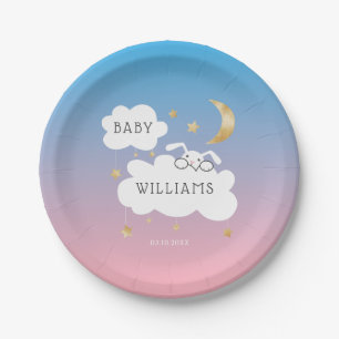 Cute Bunny Gender Reveal Party Pink Blue Gold Paper Plate
