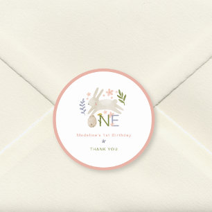 Cute Bunny Girl 1st Birthday Thank You Classic Round Sticker