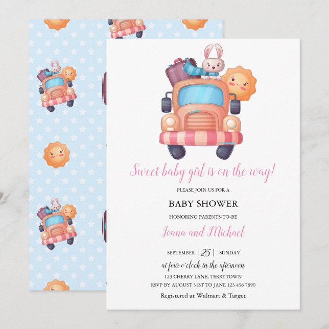 Cute Bunny Girl Baby Shower  Invitation (Front/Back)