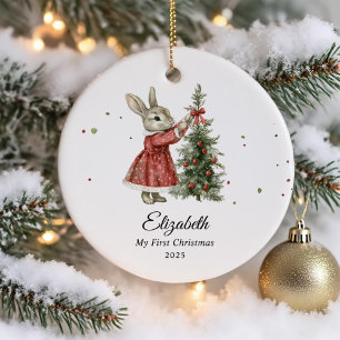 Cute Bunny Girl Baby's First Christmas Photo Ceramic Ornament