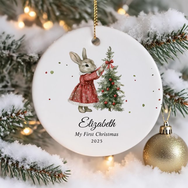 Cute Bunny Girl Baby's First Christmas Photo Ceramic Ornament (Creator Uploaded)