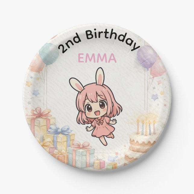 Cute Bunny Girl Birthday Paper Plates (Front)