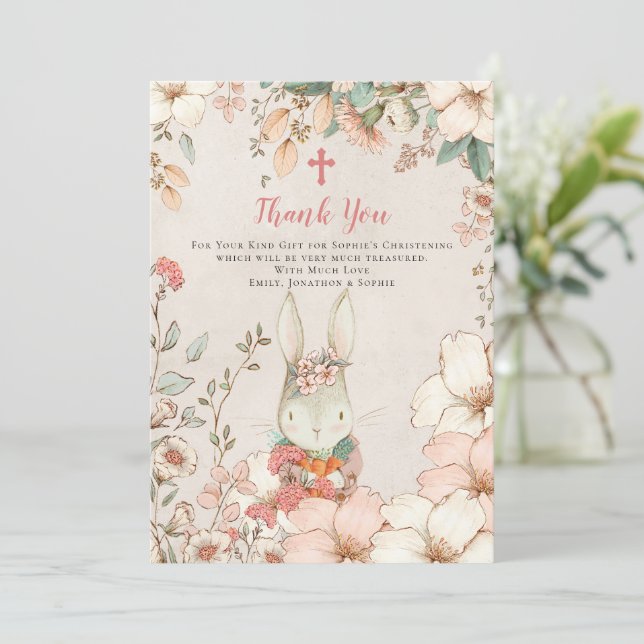 Cute Bunny Girl Christening Baptism Thank You Card (Standing Front)