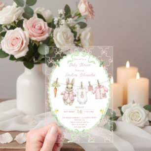 Cute Bunny Girl Clothesline Baby Shower Acrylic Invitations