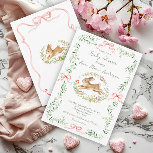 Cute Bunny Girl Floral Pink Bow Baby Shower Invitation