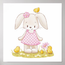 Cute Bunny Girl in Pink Dress and Kawaii Chicks