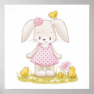 Cute Bunny Girl in Pink Dress and Kawaii Chicks Poster