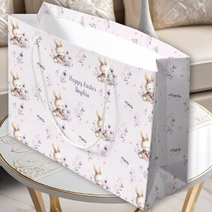 Cute Bunny Girl Personalised Name Purple Easter Large Gift Bag