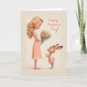 Cute Bunny Giving Mother's Day Flowers to Woman Card