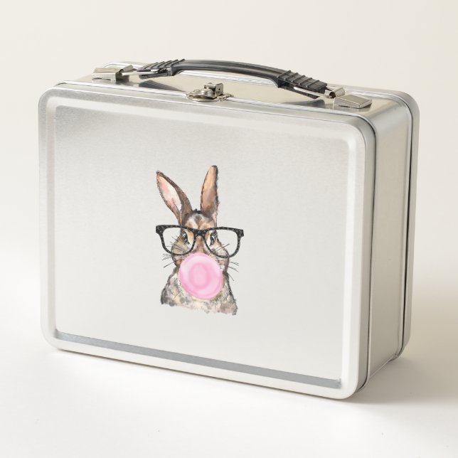 Cute Bunny Glasses Bubblegum Easter Day Girls Kids Metal Lunch Box (Front)