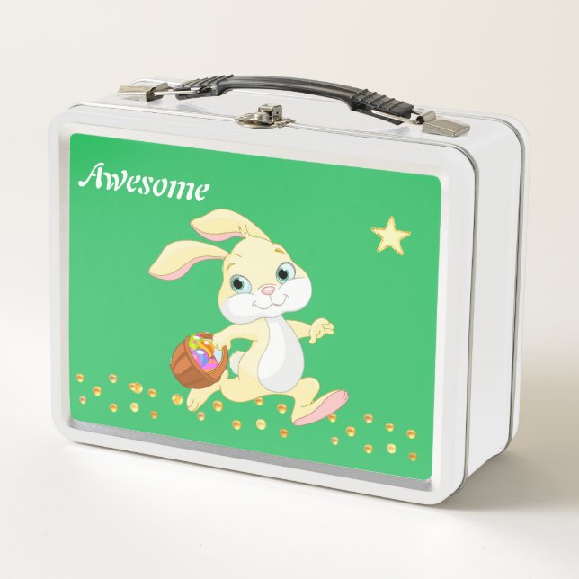Cute bunny, gold confetti and star on green metal lunch box (Front)