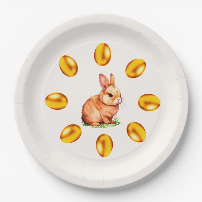 Cute Bunny & Golden Easter Eggs on Ivory Paper Plate (Front)