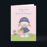 Cute Bunny, Granddaughter, Easter Holiday Card<br><div class="desc">An Easter greeting card for a special Granddaughter with cute girl bunny with denim dress and hat,  carrying a basket of carrots on pink background with yellow chick and flowers. some graphics/www.bearnecessitiesscraps.com,  www.digiwebstudio.com</div>