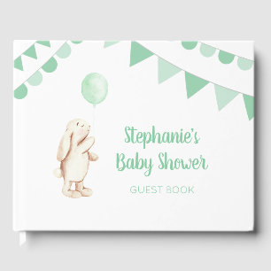 Cute Bunny & Green Balloon Watercolor Baby Shower Guest Book