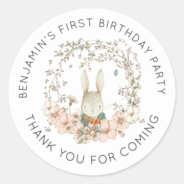 Cute Bunny Greenery 1st Birthday Thank You Classic Round Sticker (Front)
