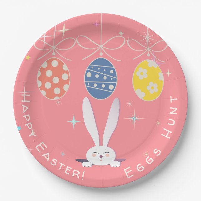 Cute Bunny Happy Easter Eggs Hunt Party Spring Paper Plate (Front)