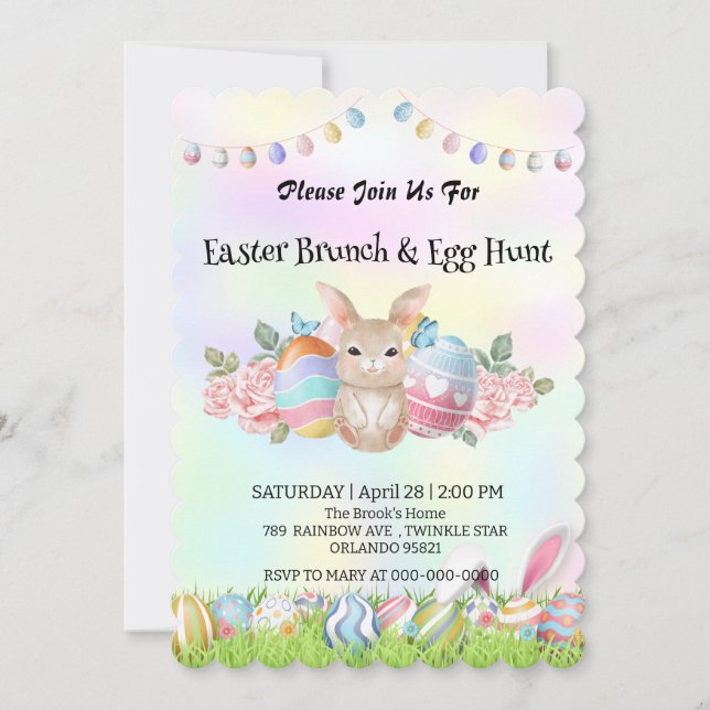 Cute bunny hare hunting egg Happy Easter day Party Invitation (Front)