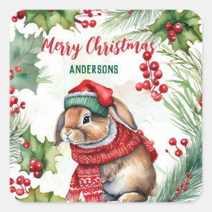 Cute Bunny Hare Santa Christmas birthday party Square Sticker