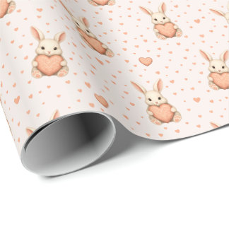 Cute Bunny Heart Pattern on Soft Blush Wrapping Paper