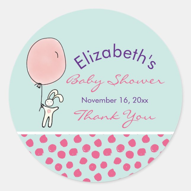 Cute Bunny Holding a Balloon Baby Shower Classic Round Sticker (Front)