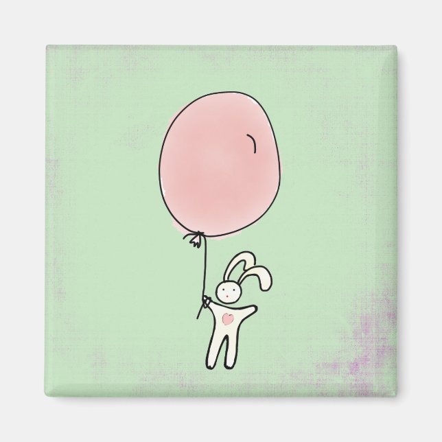 Cute Bunny Holding a Balloon Illustration Magnet (Front)