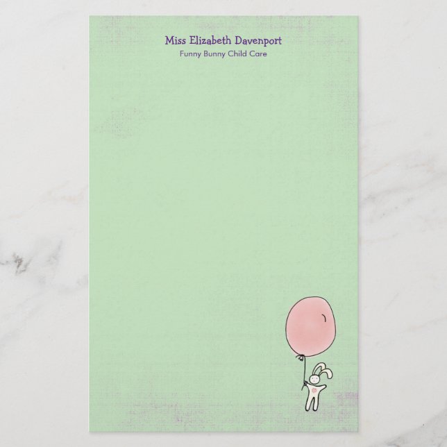 Cute Bunny Holding a Balloon Stationery (Front)