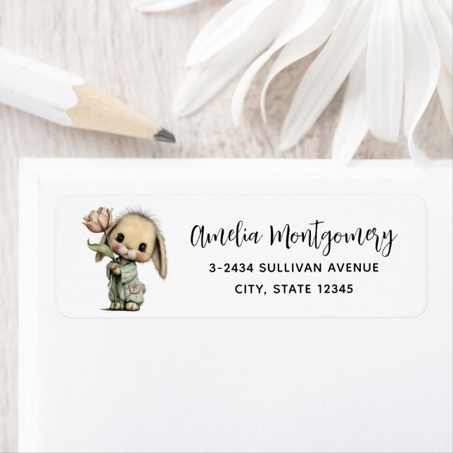 Cute Bunny Holding a Tulip Address Return Address Label (Insitu)
