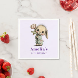 Cute Bunny Holding a Tulip Birthday Napkin
