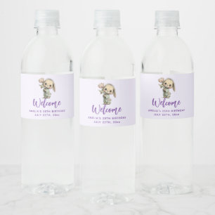 Cute Bunny Holding a Tulip Birthday Water Bottle Label