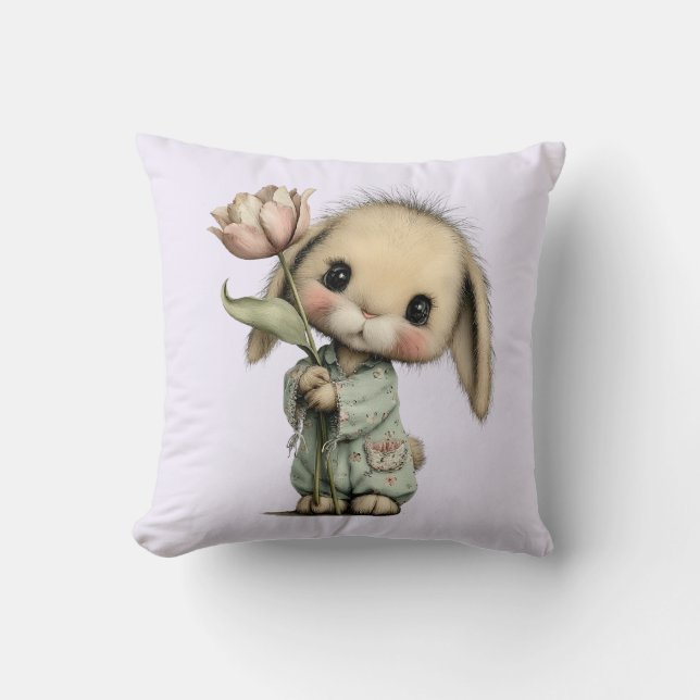 Cute Bunny Holding a Tulip Cushion (Front)
