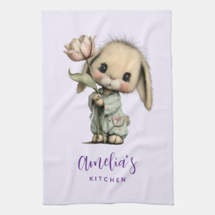 Cute Bunny Holding a Tulip Tea Towel