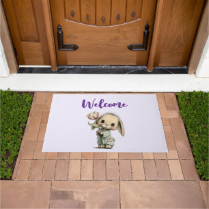 Cute Bunny Holding a Tulip Welcome Doormat