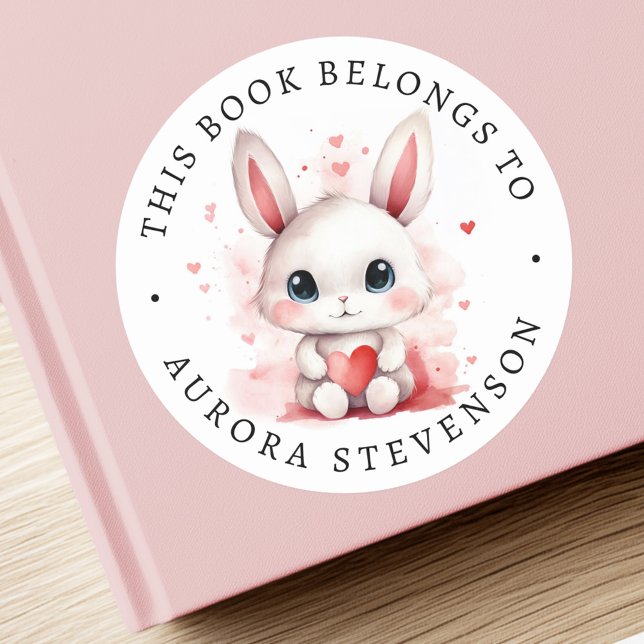 Cute bunny holding heart library book label (Cute bunny holding heart library book label)
