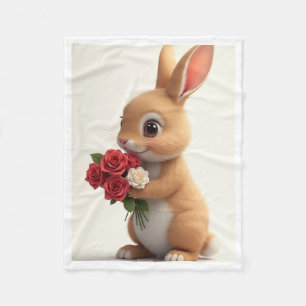 Cute Bunny Holding Roses Flower Bouquet Blanket