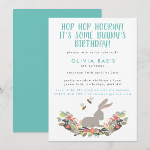 Cute Bunny Hop Hop Hooray Kids Birthday Invitation