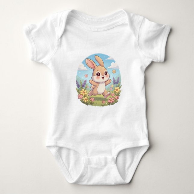 Cute Bunny Hopping in a Flower Field Baby Bodysuit (Front)