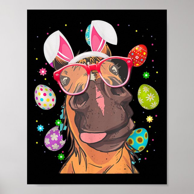 Cute Bunny Horse Face Easter Eggs Easter Day  Poster (Front)