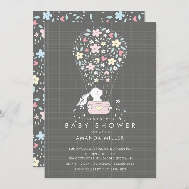 Cute Bunny Hot Air Balloon Baby Shower Invitation (Front/Back)