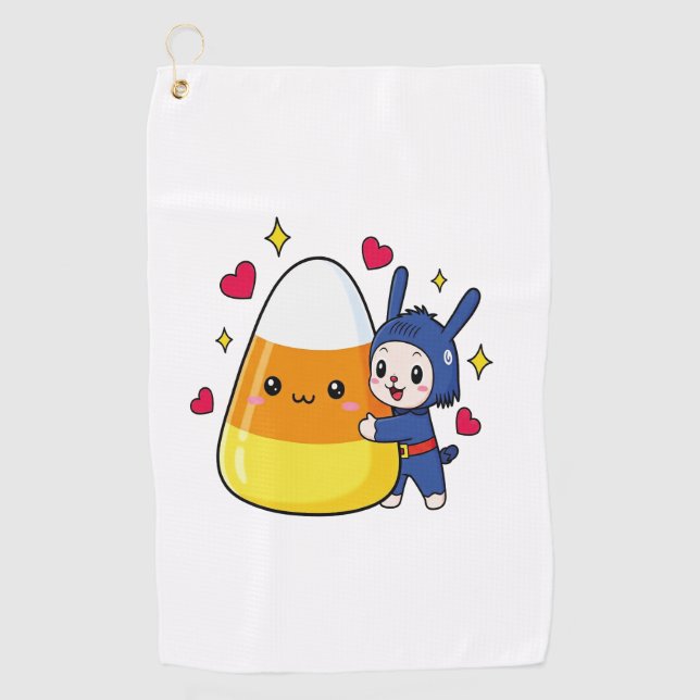 Cute Bunny Hugging Candy Corn Golf Towel (Front)