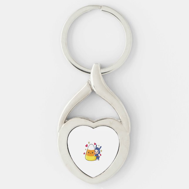 Cute Bunny Hugging Candy Corn Key Ring (Front)