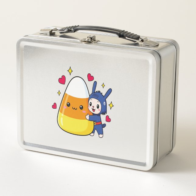 Cute Bunny Hugging Candy Corn Metal Lunch Box (Front)