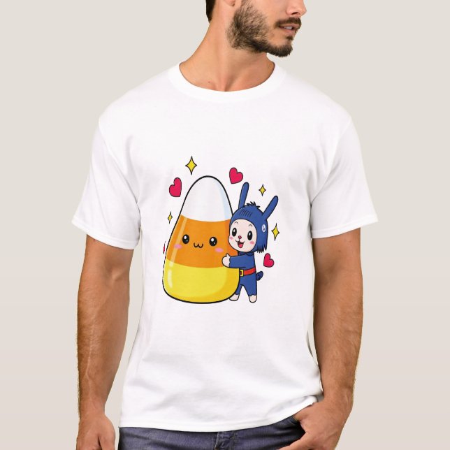 Cute Bunny Hugging Candy Corn T-Shirt (Front)