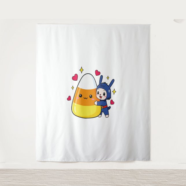 Cute Bunny Hugging Candy Corn Tapestry (Front)