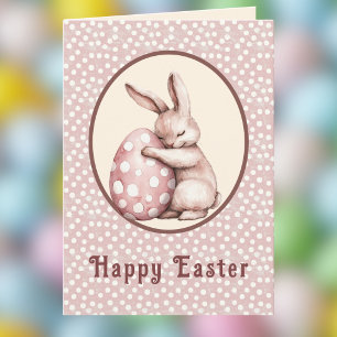 Cute Bunny Hugging Polka Dot Egg Monogram Card